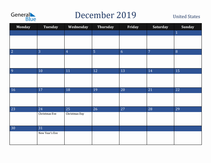December 2019 United States Calendar (Monday Start)