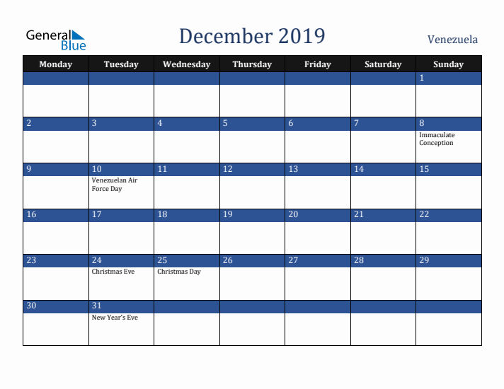 December 2019 Venezuela Calendar (Monday Start)
