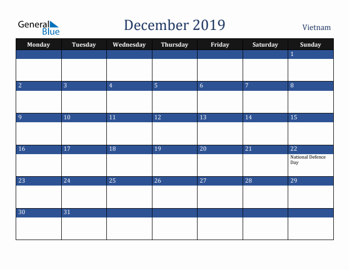 December 2019 Vietnam Calendar (Monday Start)