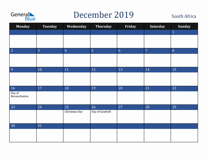 December 2019 South Africa Calendar (Monday Start)