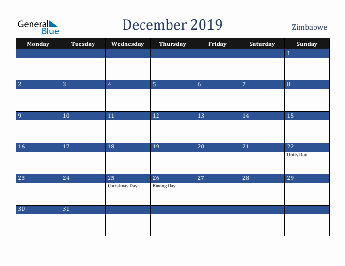 December 2019 Zimbabwe Calendar (Monday Start)