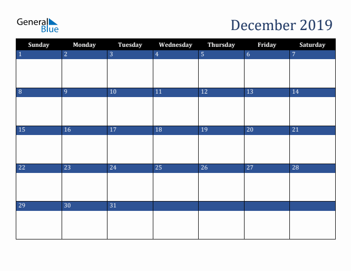 Sunday Start Calendar for December 2019