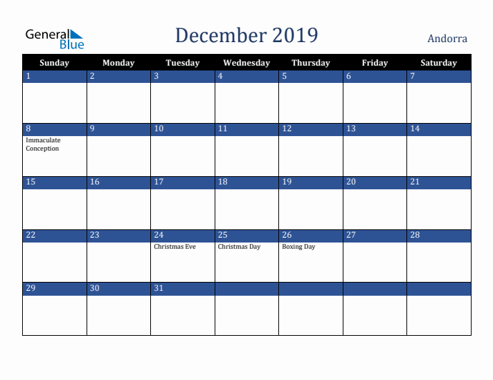 December 2019 Andorra Calendar (Sunday Start)