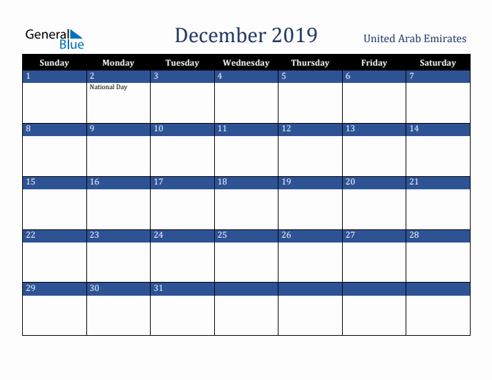 December 2019 United Arab Emirates Calendar (Sunday Start)
