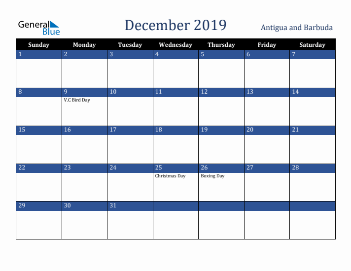 December 2019 Antigua and Barbuda Calendar (Sunday Start)