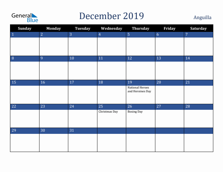 December 2019 Anguilla Calendar (Sunday Start)