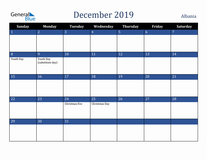 December 2019 Albania Calendar (Sunday Start)