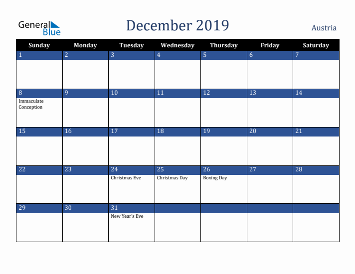 December 2019 Austria Calendar (Sunday Start)