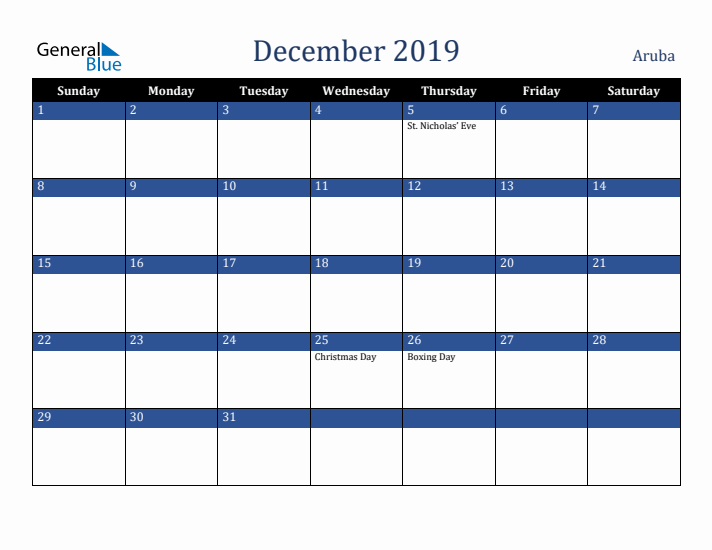 December 2019 Aruba Calendar (Sunday Start)
