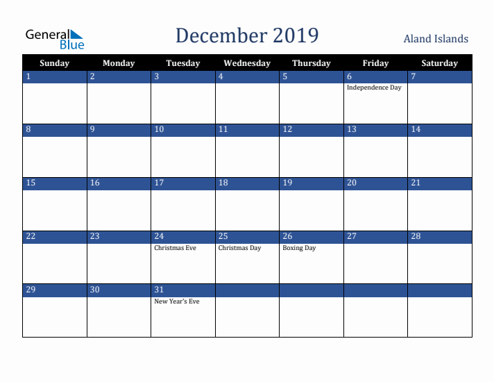 December 2019 Aland Islands Calendar (Sunday Start)