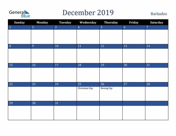 December 2019 Barbados Calendar (Sunday Start)
