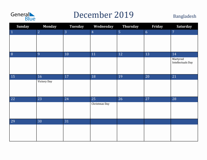 December 2019 Bangladesh Calendar (Sunday Start)