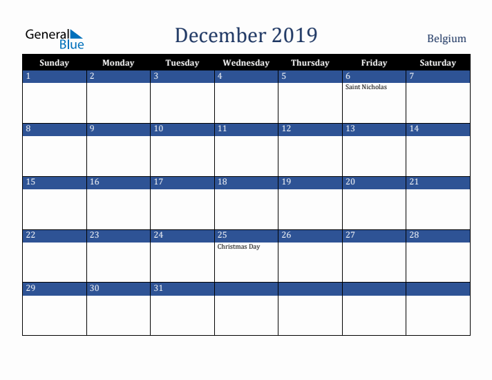 December 2019 Belgium Calendar (Sunday Start)