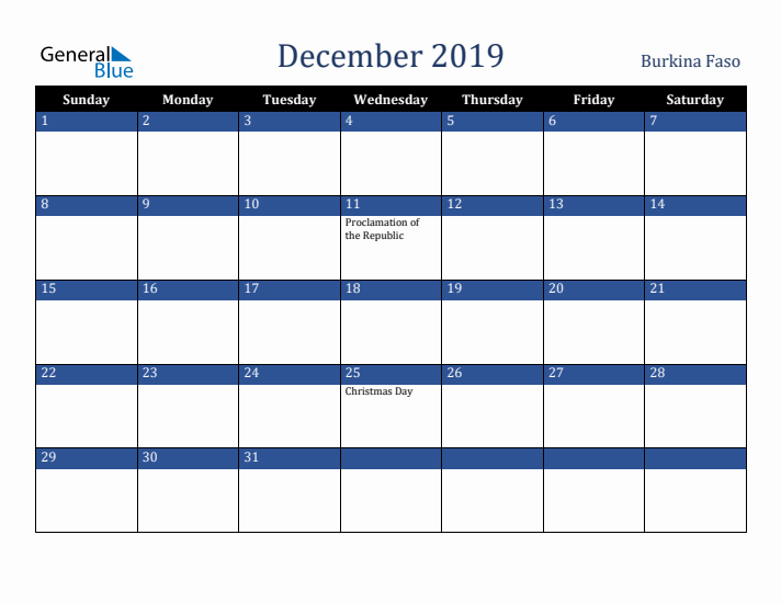 December 2019 Burkina Faso Calendar (Sunday Start)