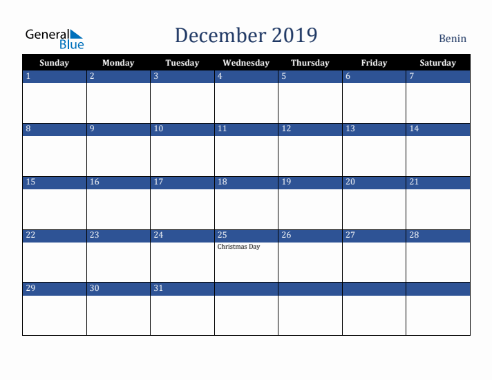 December 2019 Benin Calendar (Sunday Start)