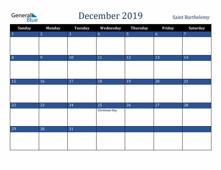 December 2019 Saint Barthelemy Calendar (Sunday Start)