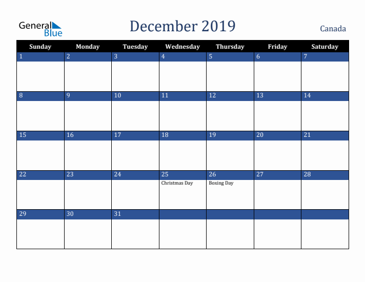 December 2019 Canada Calendar (Sunday Start)