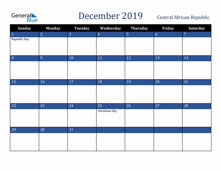 December 2019 Central African Republic Calendar (Sunday Start)