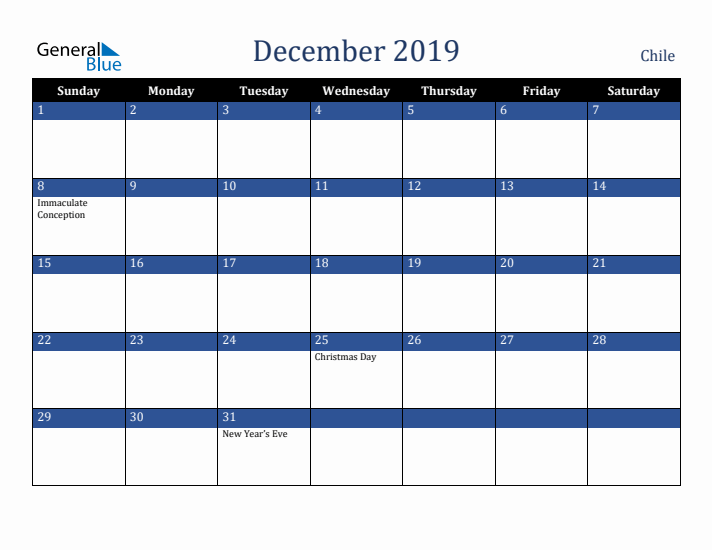 December 2019 Chile Calendar (Sunday Start)