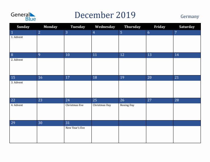 December 2019 Germany Calendar (Sunday Start)