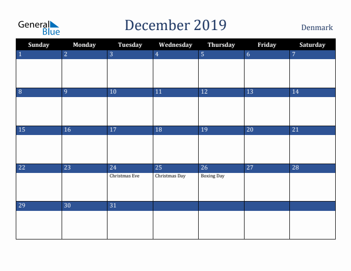 December 2019 Denmark Calendar (Sunday Start)