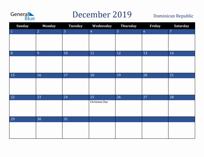December 2019 Dominican Republic Calendar (Sunday Start)