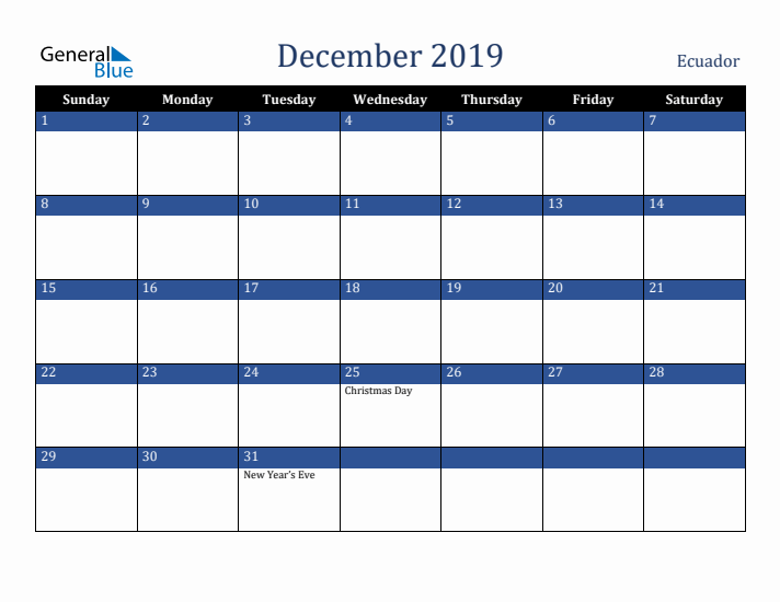 December 2019 Ecuador Calendar (Sunday Start)