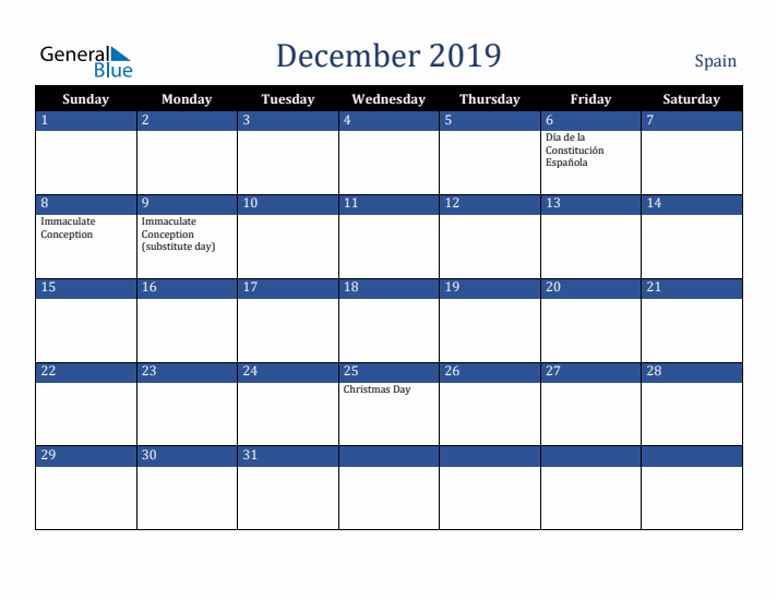 December 2019 Spain Calendar (Sunday Start)