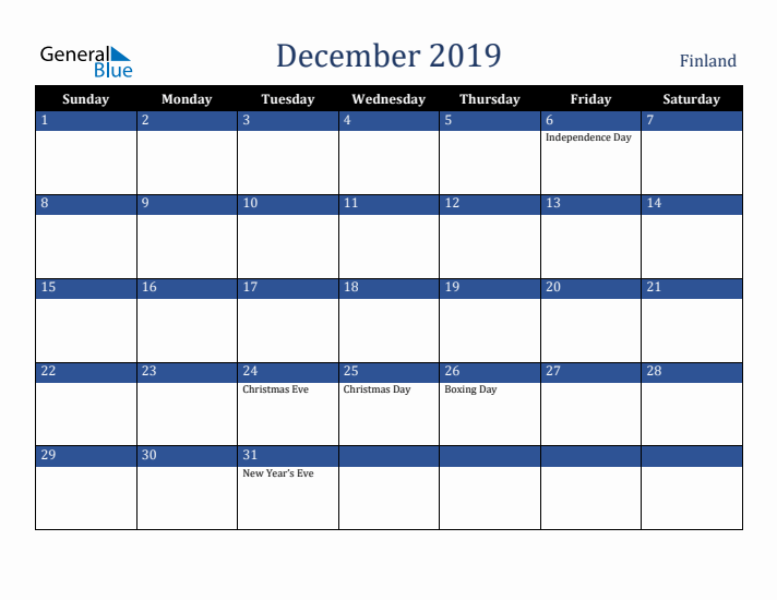 December 2019 Finland Calendar (Sunday Start)