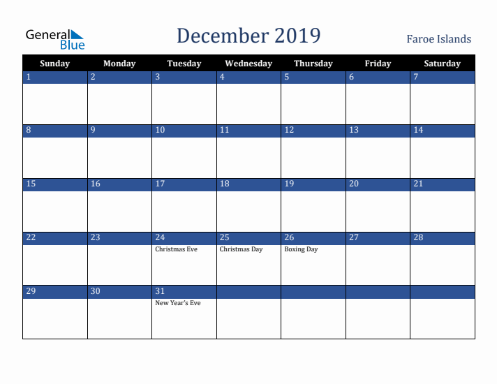 December 2019 Faroe Islands Calendar (Sunday Start)