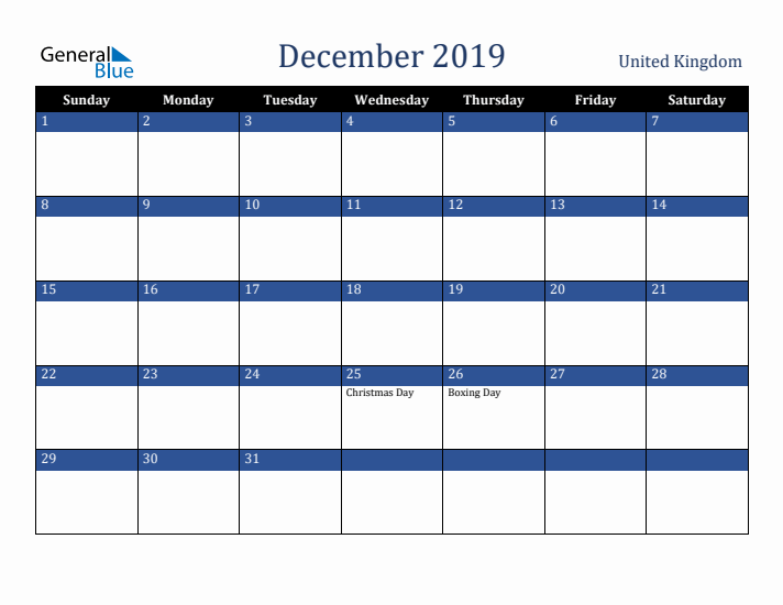 December 2019 United Kingdom Calendar (Sunday Start)