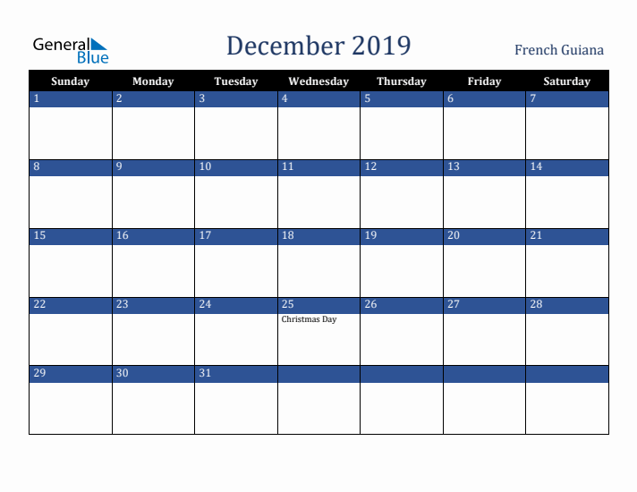 December 2019 French Guiana Calendar (Sunday Start)