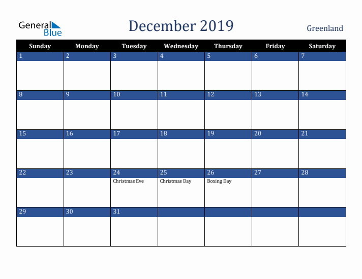 December 2019 Greenland Calendar (Sunday Start)