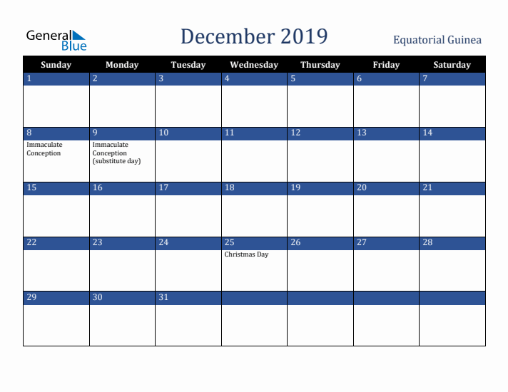 December 2019 Equatorial Guinea Calendar (Sunday Start)