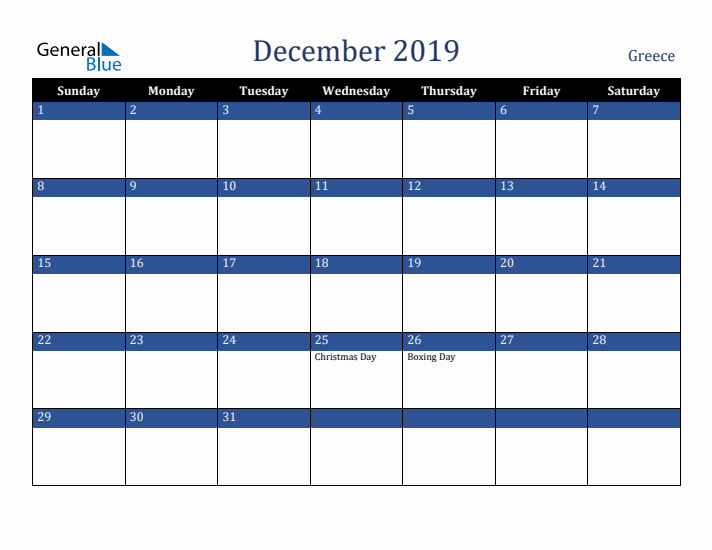December 2019 Greece Calendar (Sunday Start)