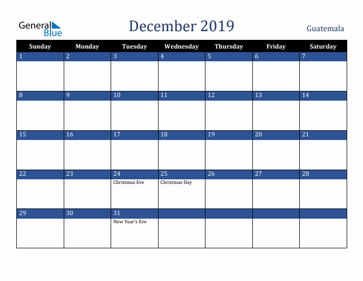 December 2019 Guatemala Calendar (Sunday Start)