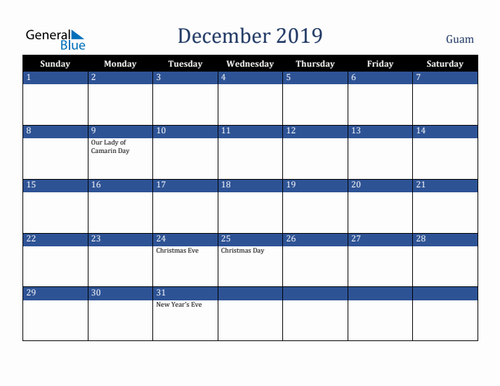 December 2019 Guam Calendar (Sunday Start)