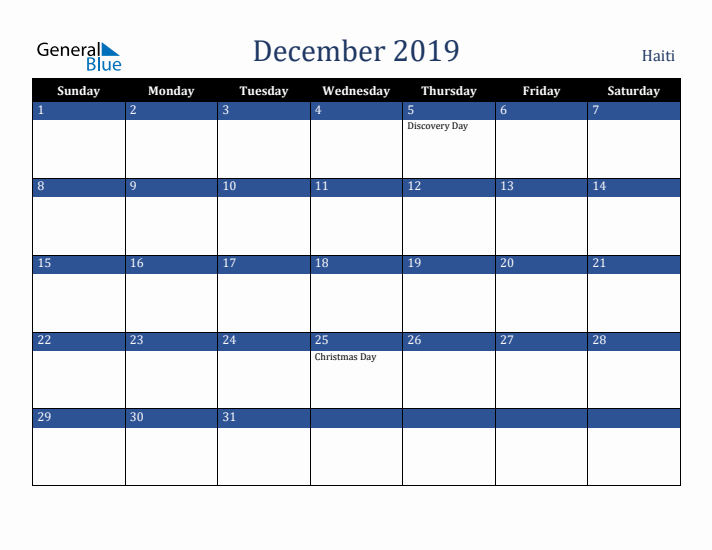 December 2019 Haiti Calendar (Sunday Start)