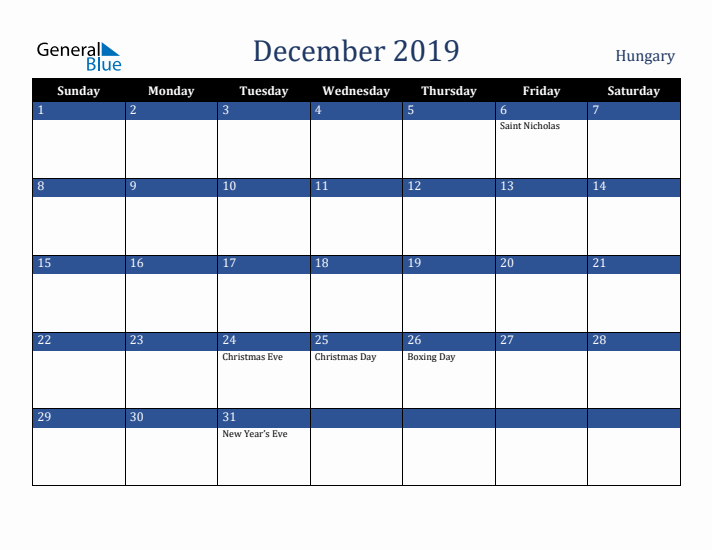 December 2019 Hungary Calendar (Sunday Start)