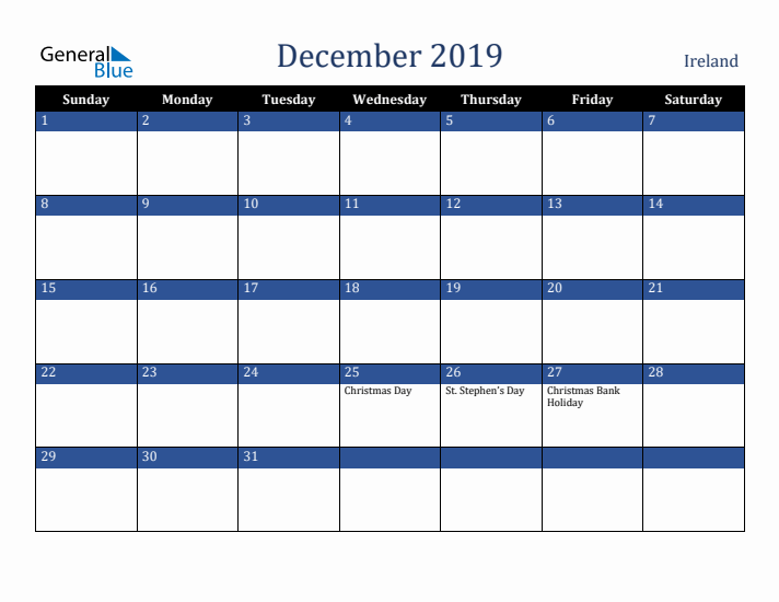 December 2019 Ireland Calendar (Sunday Start)