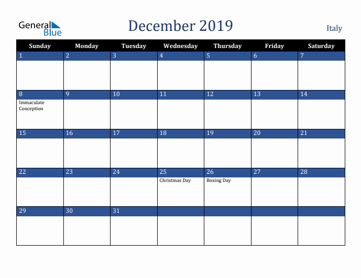 December 2019 Italy Calendar (Sunday Start)