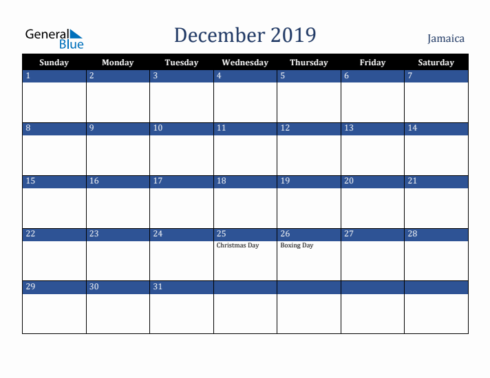 December 2019 Jamaica Calendar (Sunday Start)