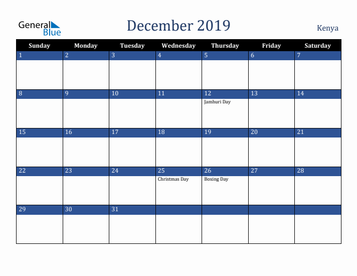 December 2019 Kenya Calendar (Sunday Start)