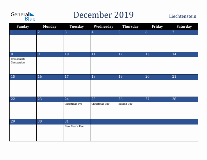 December 2019 Liechtenstein Calendar (Sunday Start)