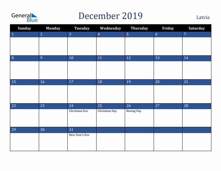 December 2019 Latvia Calendar (Sunday Start)