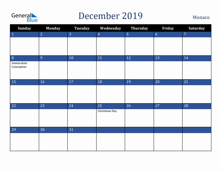 December 2019 Monaco Calendar (Sunday Start)