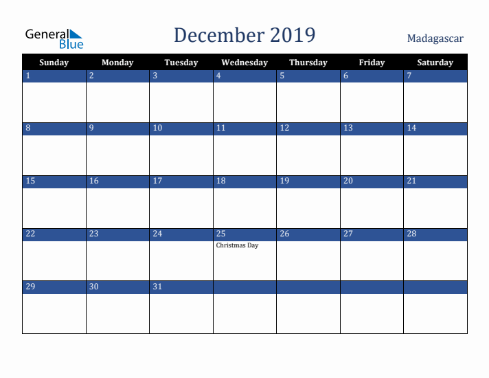December 2019 Madagascar Calendar (Sunday Start)