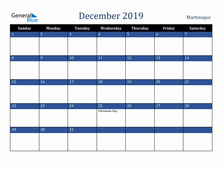 December 2019 Martinique Calendar (Sunday Start)
