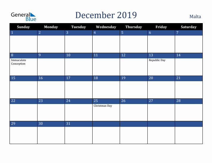 December 2019 Malta Calendar (Sunday Start)