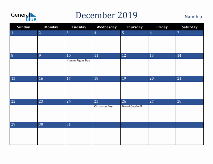 December 2019 Namibia Calendar (Sunday Start)